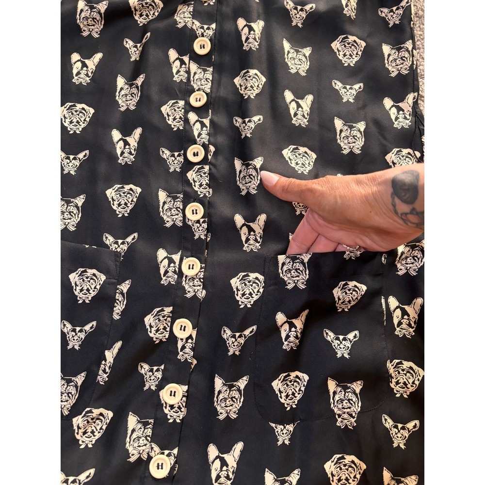 Maeve‎ Silk Dog Print Shirt Dress Womens XS Black Excellent Belted Midi Pocket - Picture 3 of 10